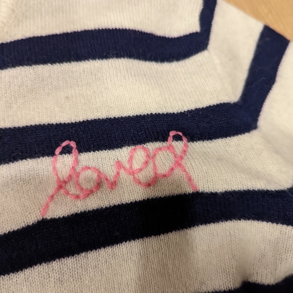 Navy and White Striped Sweater with Red Heart Elbows - Picture 8 of 10